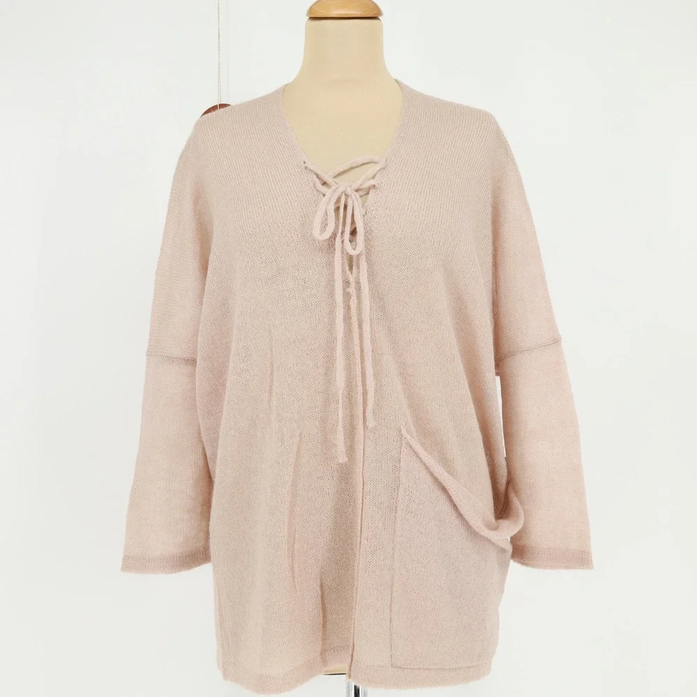 KERISMA‎ Lightweight Lace Up Front Knit Sweater Pink Size S/M Wool Mohair Blend